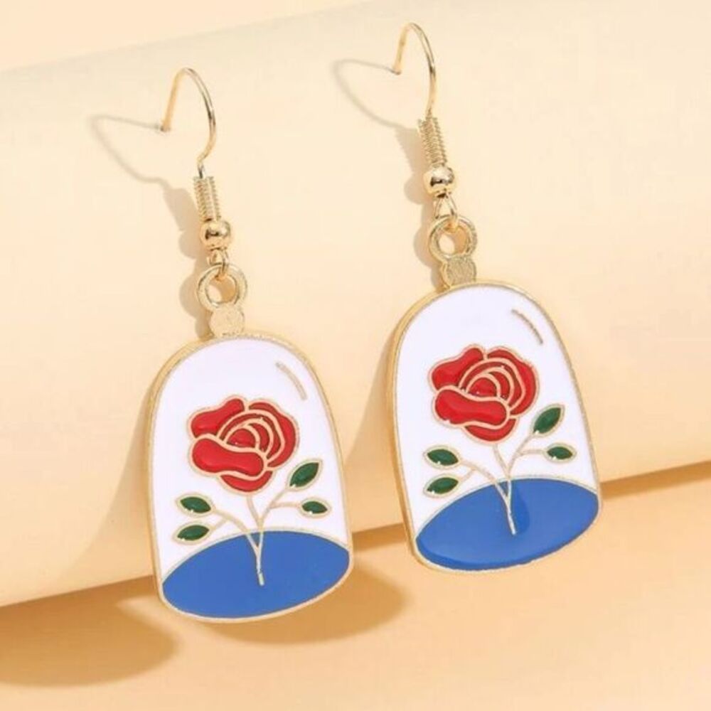 Halloween Y2K Disney Beauty and the Beast Magical Rose Charm Drop Earrings